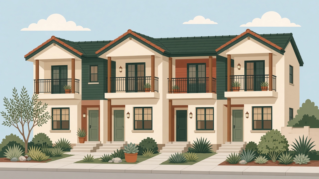 Illustrative fourplex exterior graphic — not a photograph of 361 Avian Drive