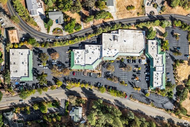 Overhead view of the center’s buildings and parking